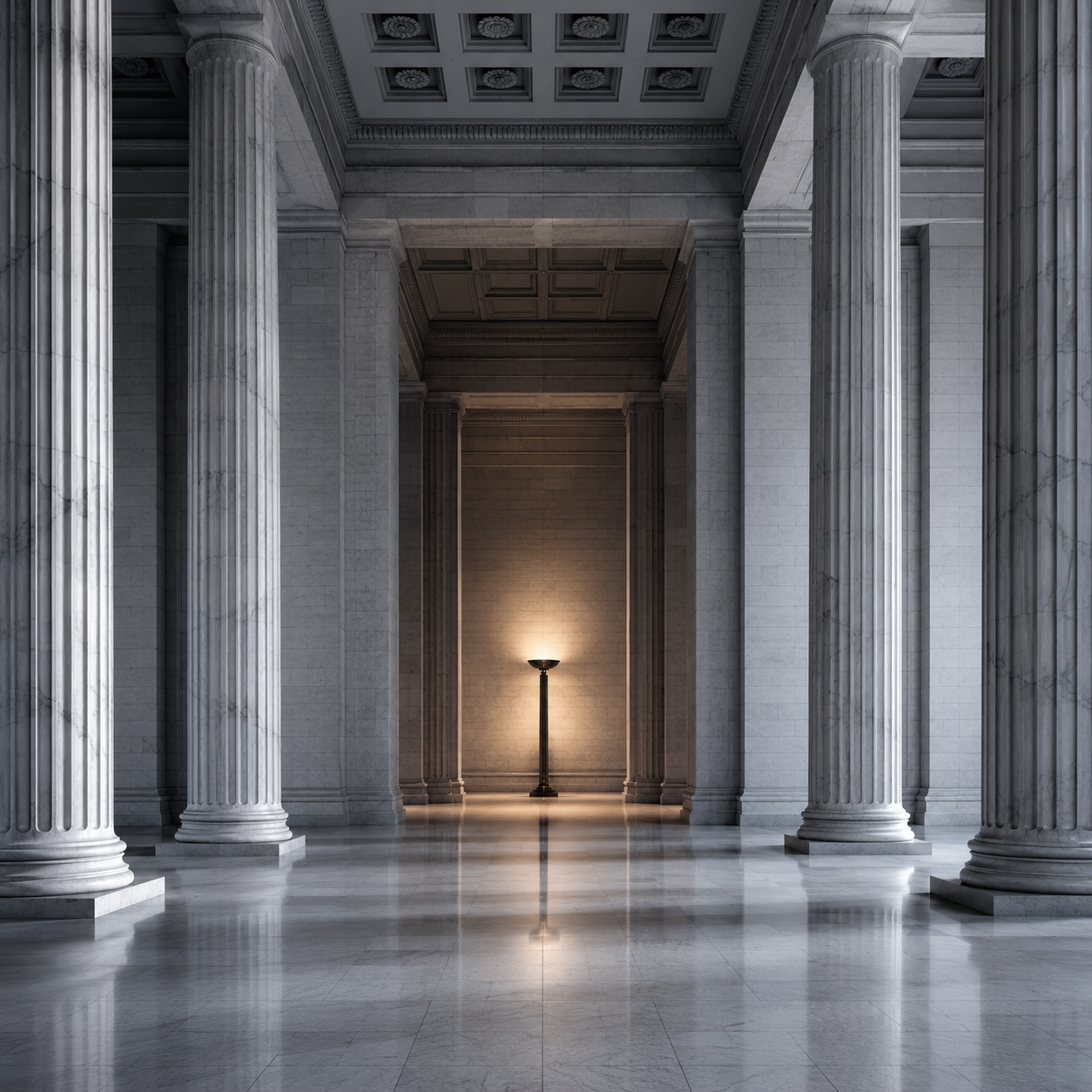 A symmetrical institutional lobby interior representing enterprise discipline