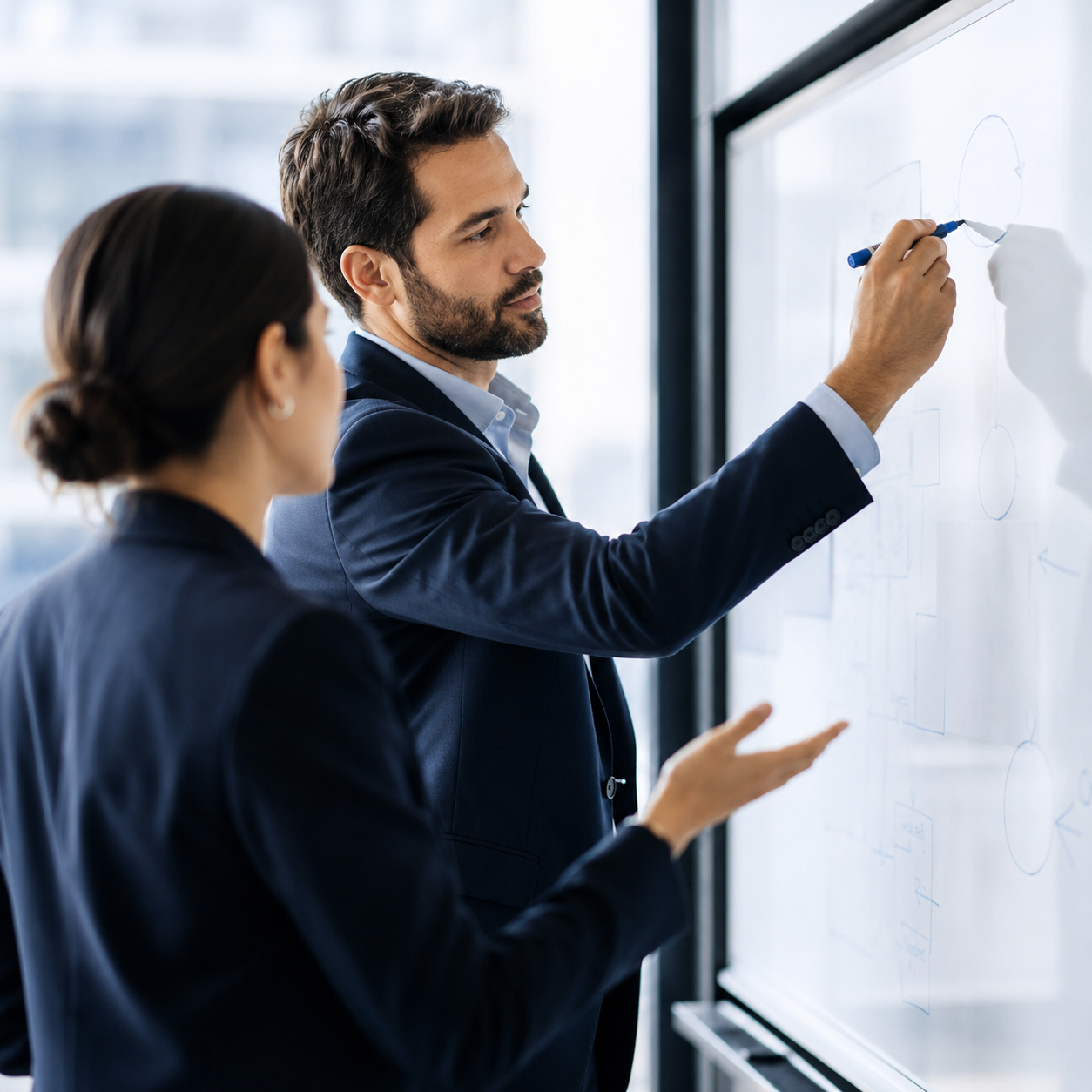 Two colleagues collaborating at a whiteboard during a planning session