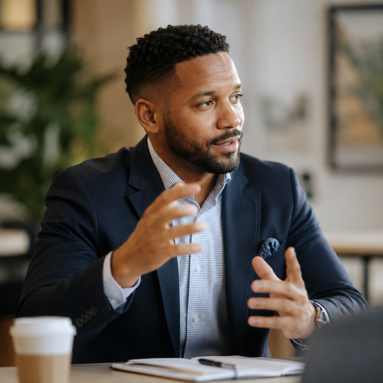 A leader mid-gesture, explaining a strategic concept to colleagues